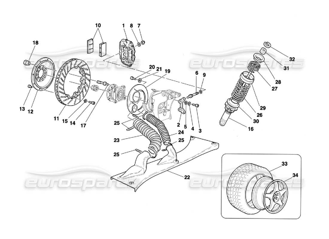 Ferrari 355 Herausforderung (1996) Bremsen – Stoßdämpfer – Lufteinlass hinten – Räder Teilediagramm