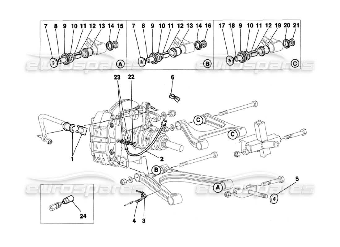 Ferrari 355 Herausforderung (1996) Hinterradaufhängung und Bremsleitungen Teildiagramm