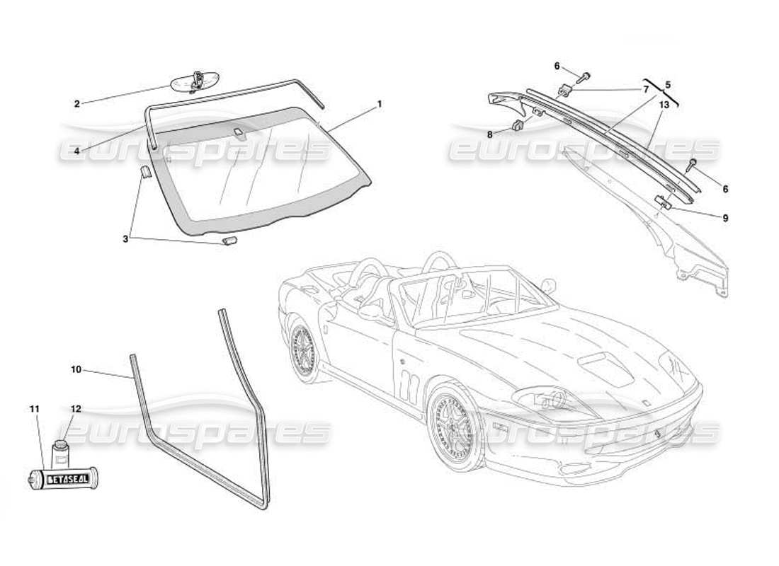 Ferrari 550 Barchetta Gläser und Dichtungen Teilediagramm