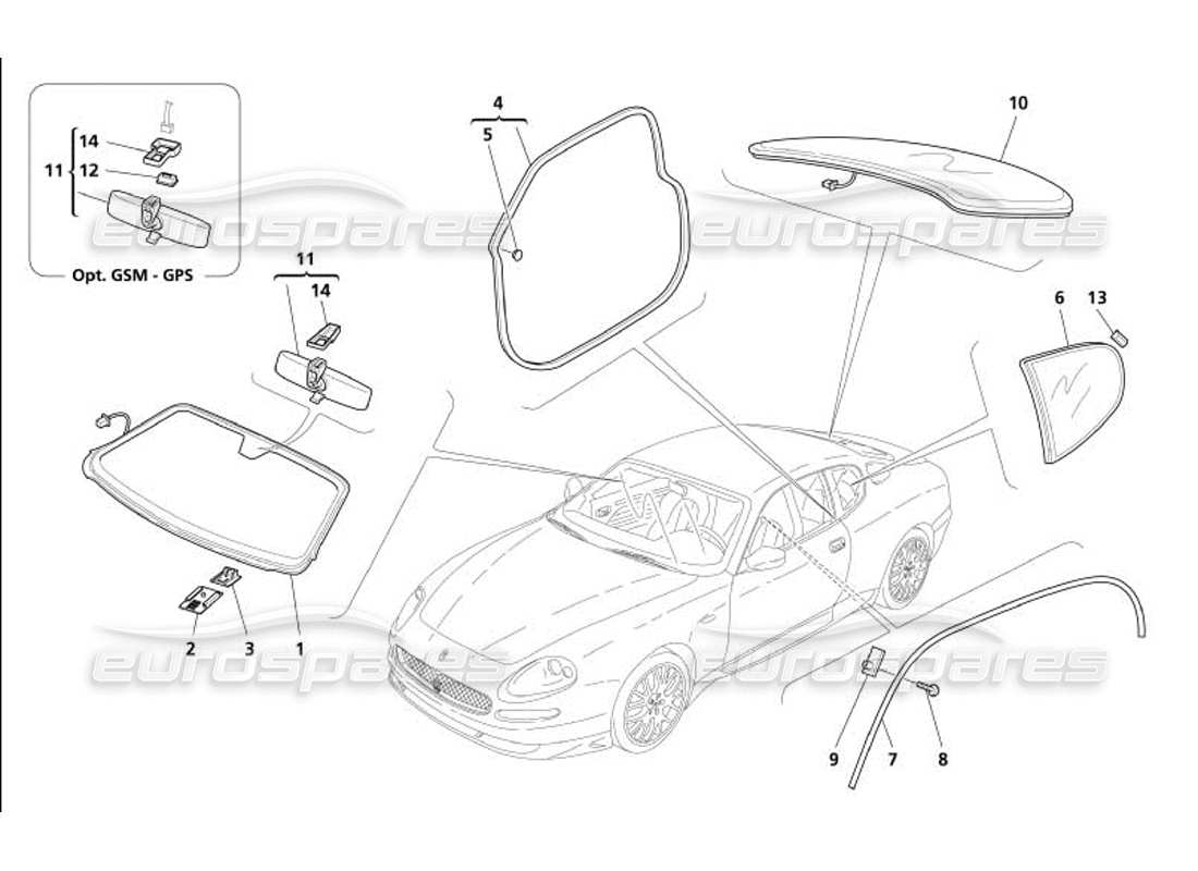 Maserati 4200 Gransport (2005) Gläser – Dichtungen und innerer Rückspiegel Teilediagramm