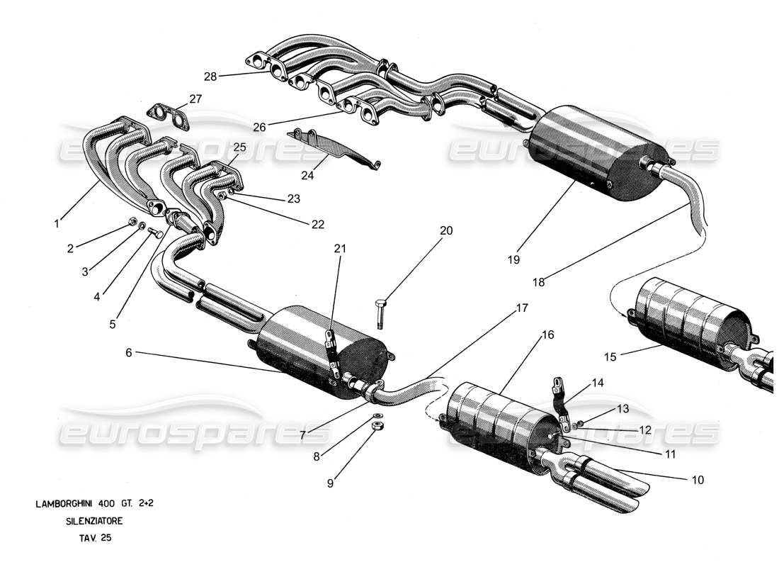 Lamborghini 400 GT Abgassystem Teilediagramm