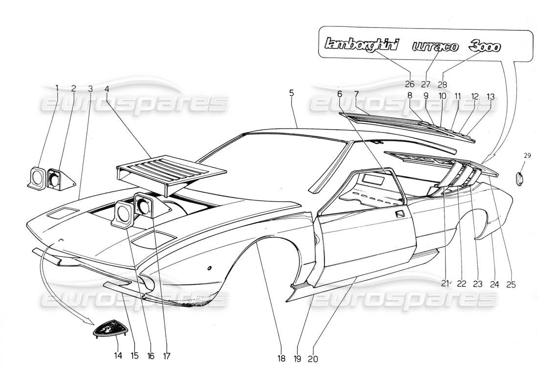 Lamborghini Urraco P300 Äußere Abdeckungen Teilediagramm