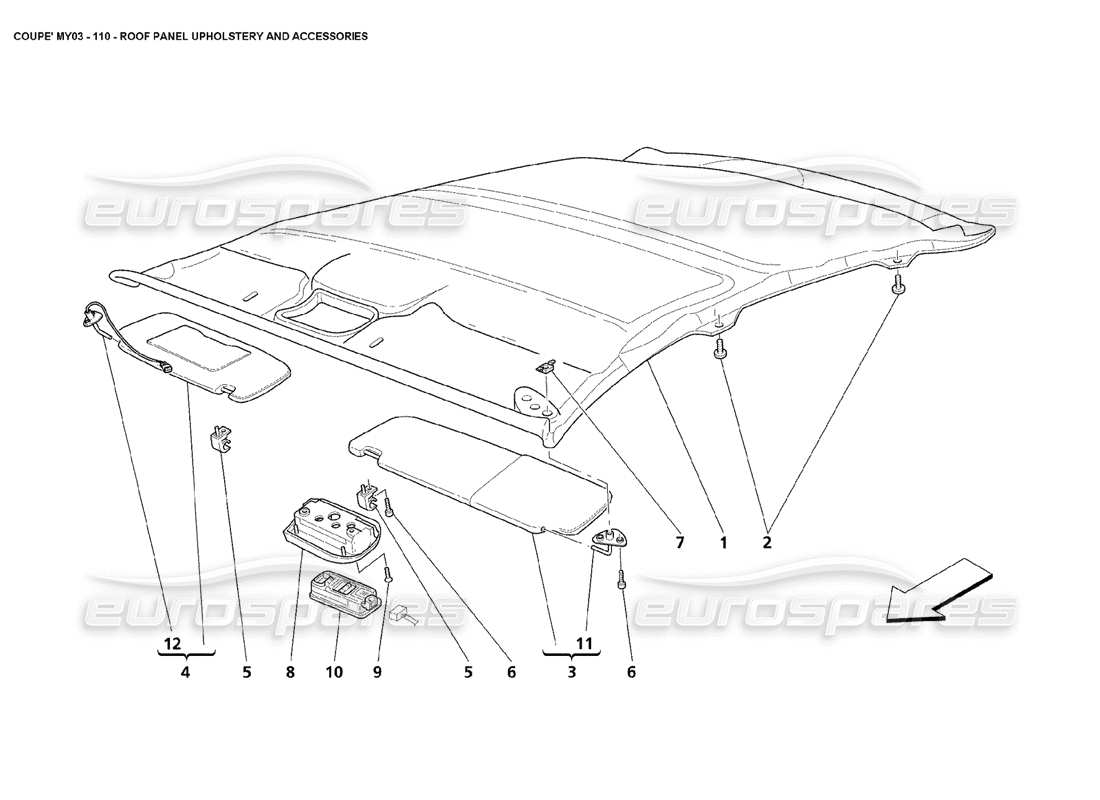 Maserati 4200 Coupé (2003) Dachpaneelpolsterung und Zubehör Teilediagramm