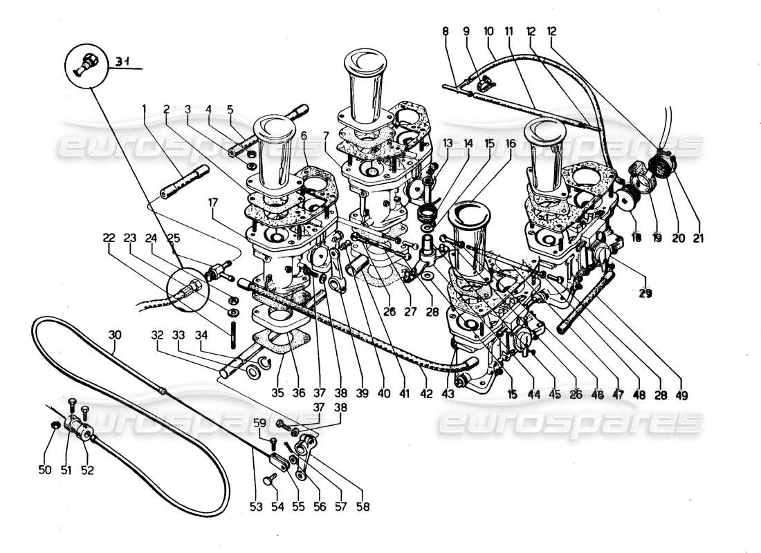 Lamborghini Urraco P250 / P250S Kraftstoffsystem (Vergaser) Teilediagramm