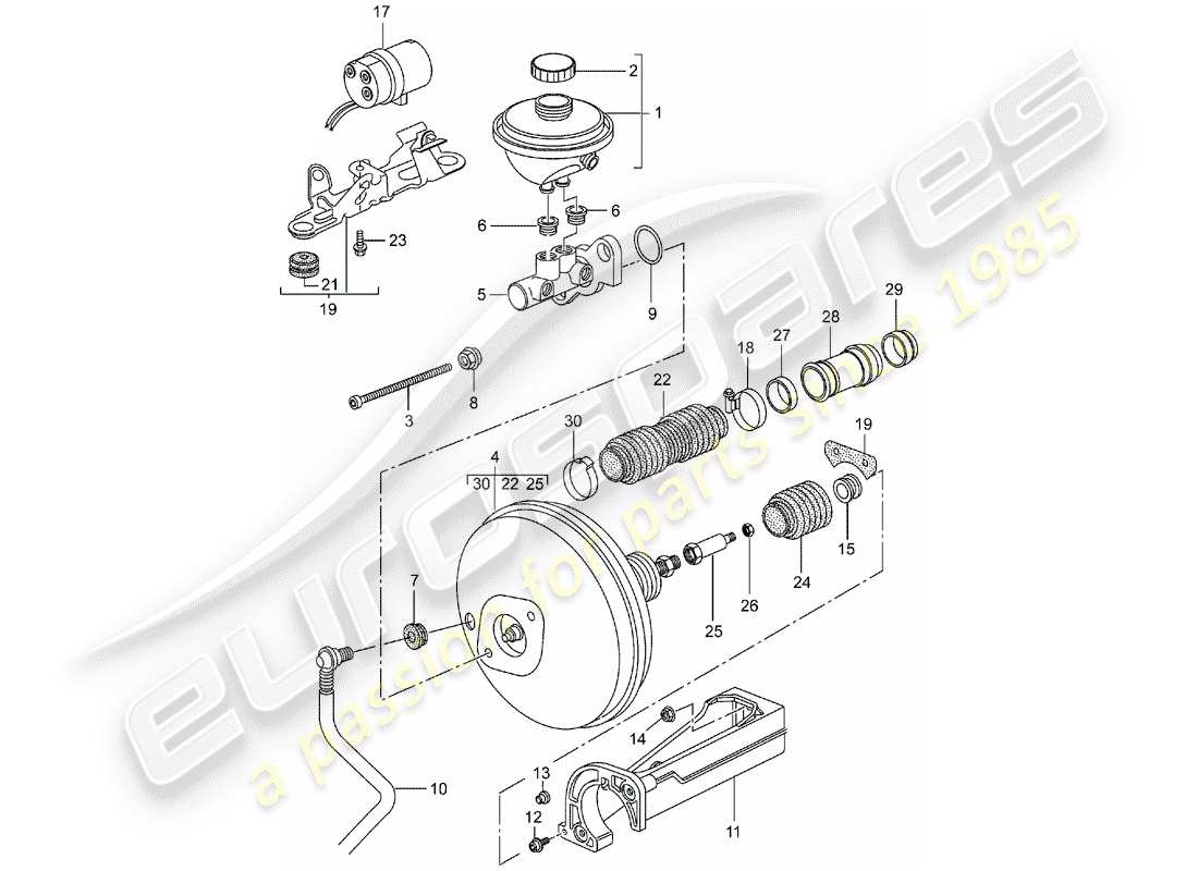 Porsche Boxster 986 (1997) Hauptbremszylinder – Bremskraftverstärker – Kupplungspumpe Teildiagramm