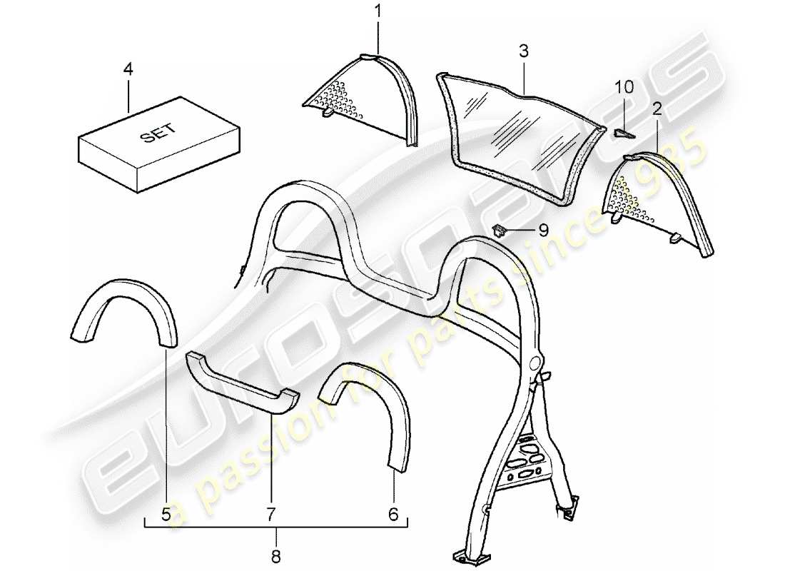 Porsche Boxster 986 (1997) WINDSCHUTZSCHEIBE – UND – ZIERLEISTEN – ÜBERROLLBAR Teildiagramm