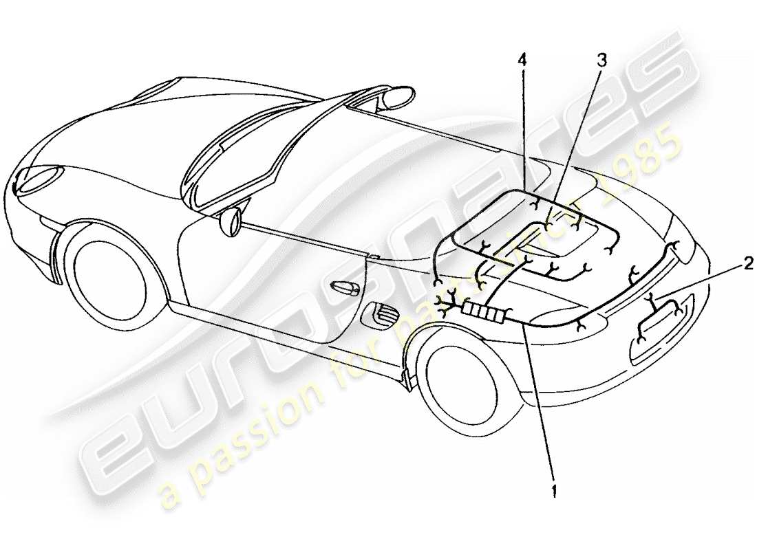 Porsche Boxster 986 (1998) KABELSTRÄUME - HINTEN - KENNZEICHENBELEUCHTUNG - ZUSATZBREMSLICHT - MOTOR - REPARATURSATZ - ANTIBLOCKIERBREMSSYSTEM -ABS- - BREMSBELAGVERSCHLEISSANZEIGE - HINTERACHSE Teildiagramm