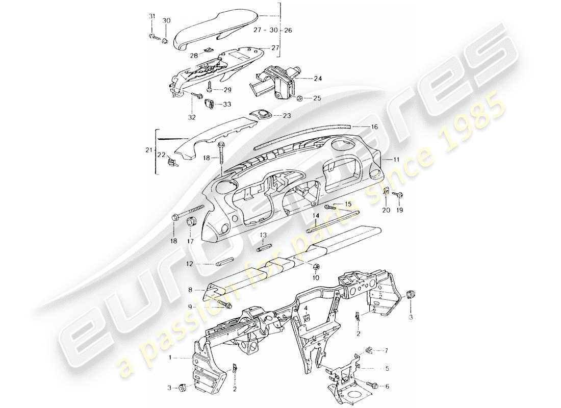Porsche Boxster 986 (2003) Armaturenbrettverkleidung – mit: – Halterahmen – Teildiagramm