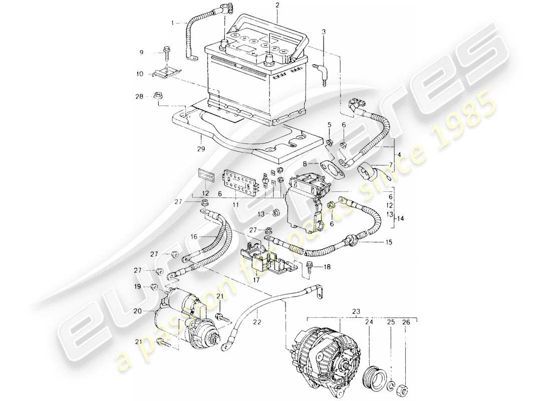 Porsche Boxster 986 (2003) BATTERIE – ZENTRALE ABSAUGUNG – ANLASSER – LICHTMASCHINE Teildiagramm