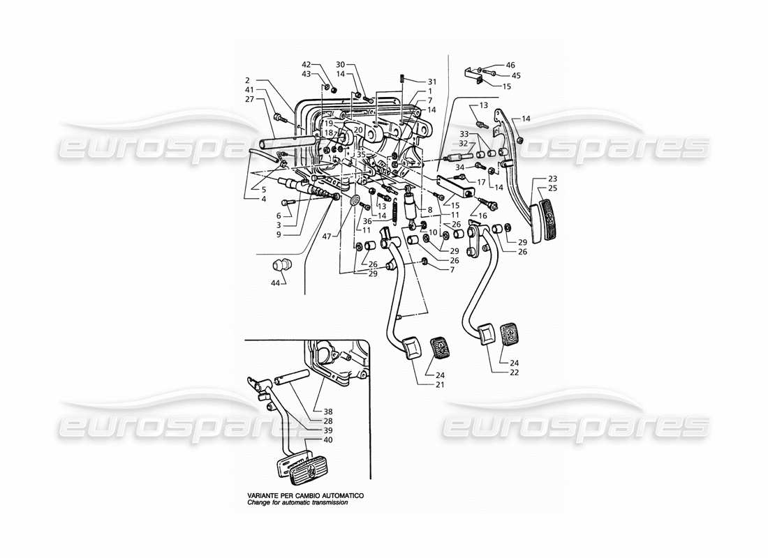 Maserati QTP. 3.2 V8 (1999) Pedalbaugruppe Kupplung Teilediagramm der Pumpe für Linksantrieb (MT und AT).
