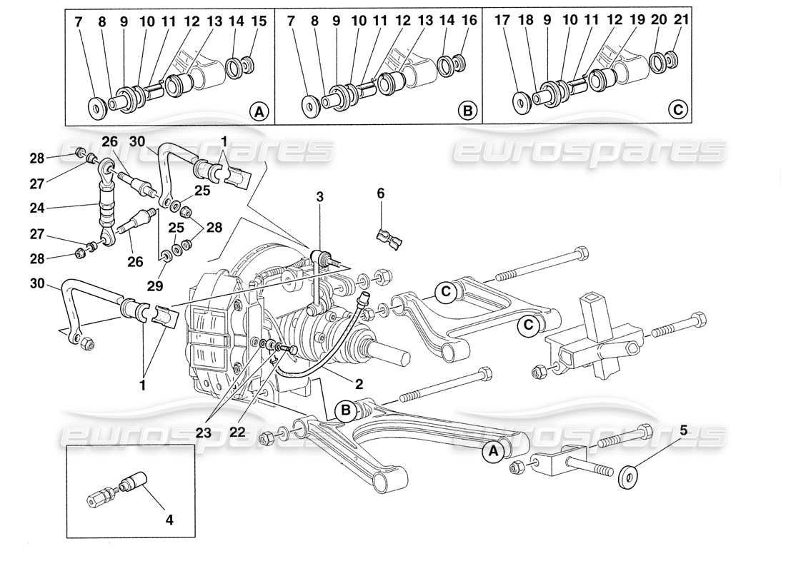 Ferrari 355 Herausforderung (1999) Hinterradaufhängung und Bremsleitungen Teilediagramm