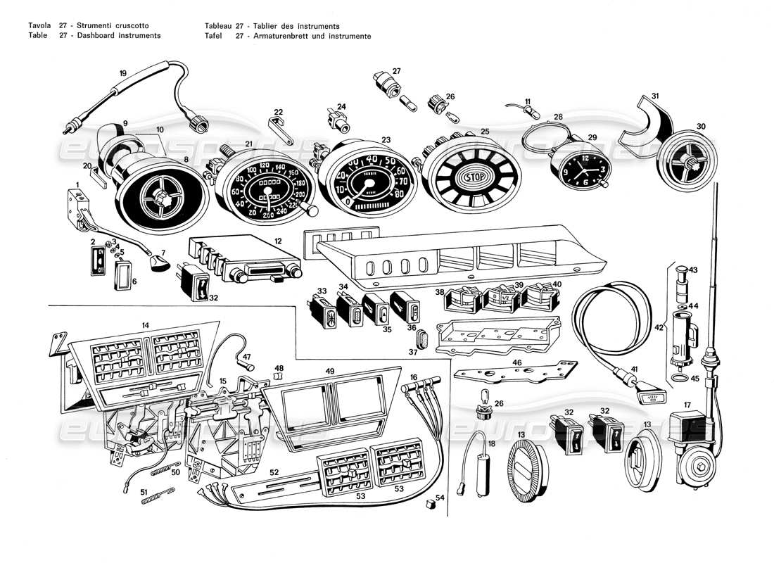 Maserati Merak 3.0 Armaturenbrett-Instrumente Teilediagramm