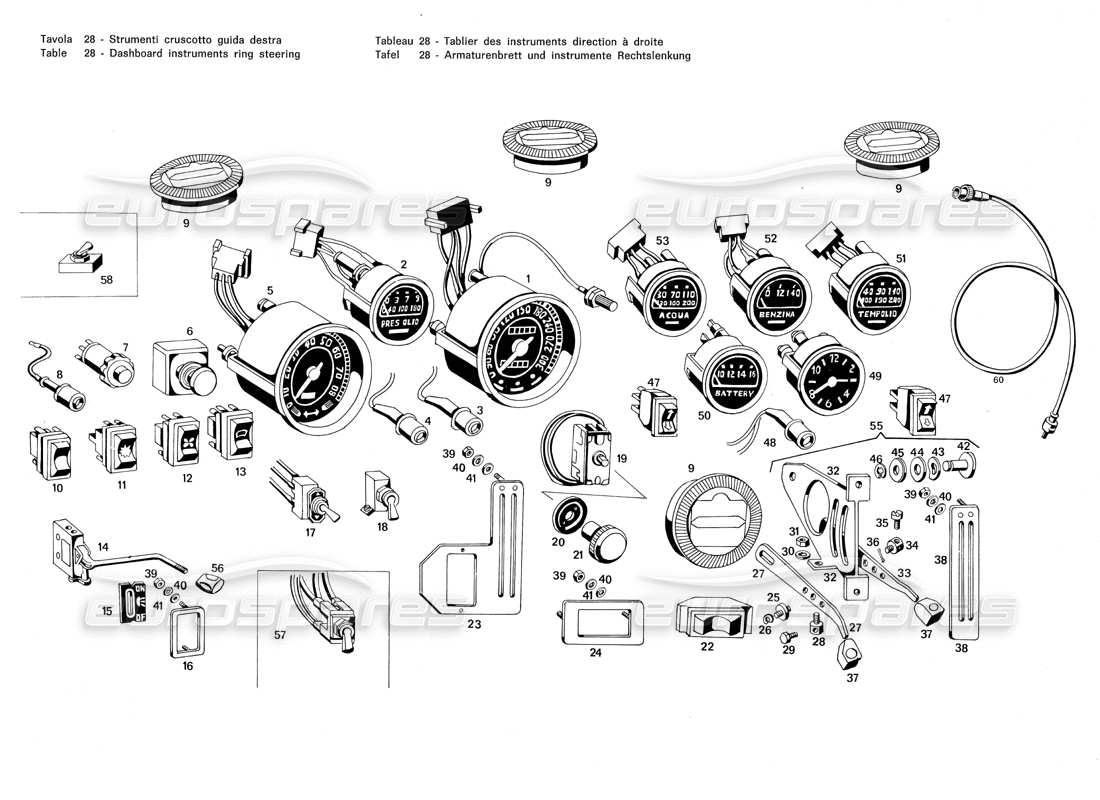 Maserati Merak 3.0 Armaturenbrett-Instrumente Ringlenkung Teilediagramm