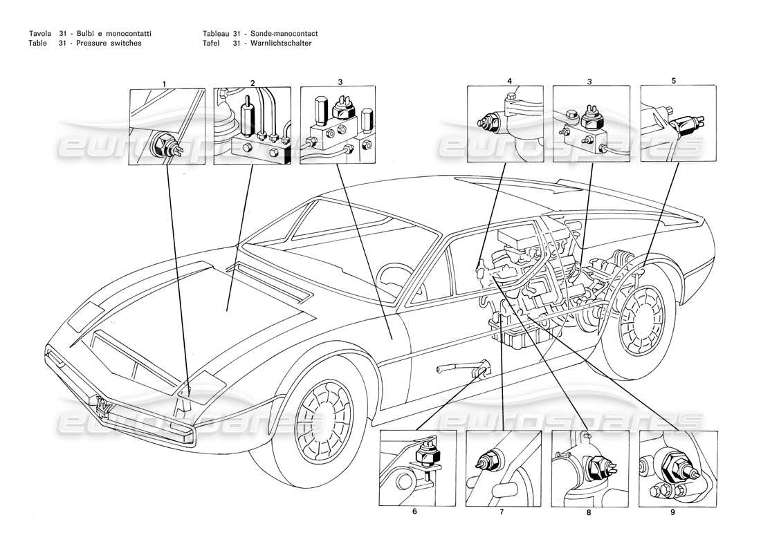 Maserati Merak 3.0 Druckschalter Teilediagramm