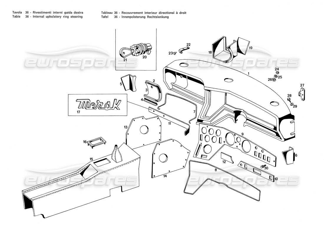 Maserati Merak 3.0 Interne Polsterringlenkung Teilediagramm