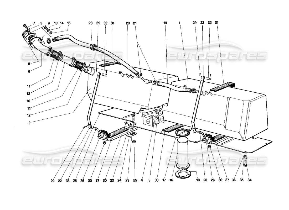 Ferrari Testarossa (1987) Teilediagramm für Kraftstofftanks (für USA und Südafrika).