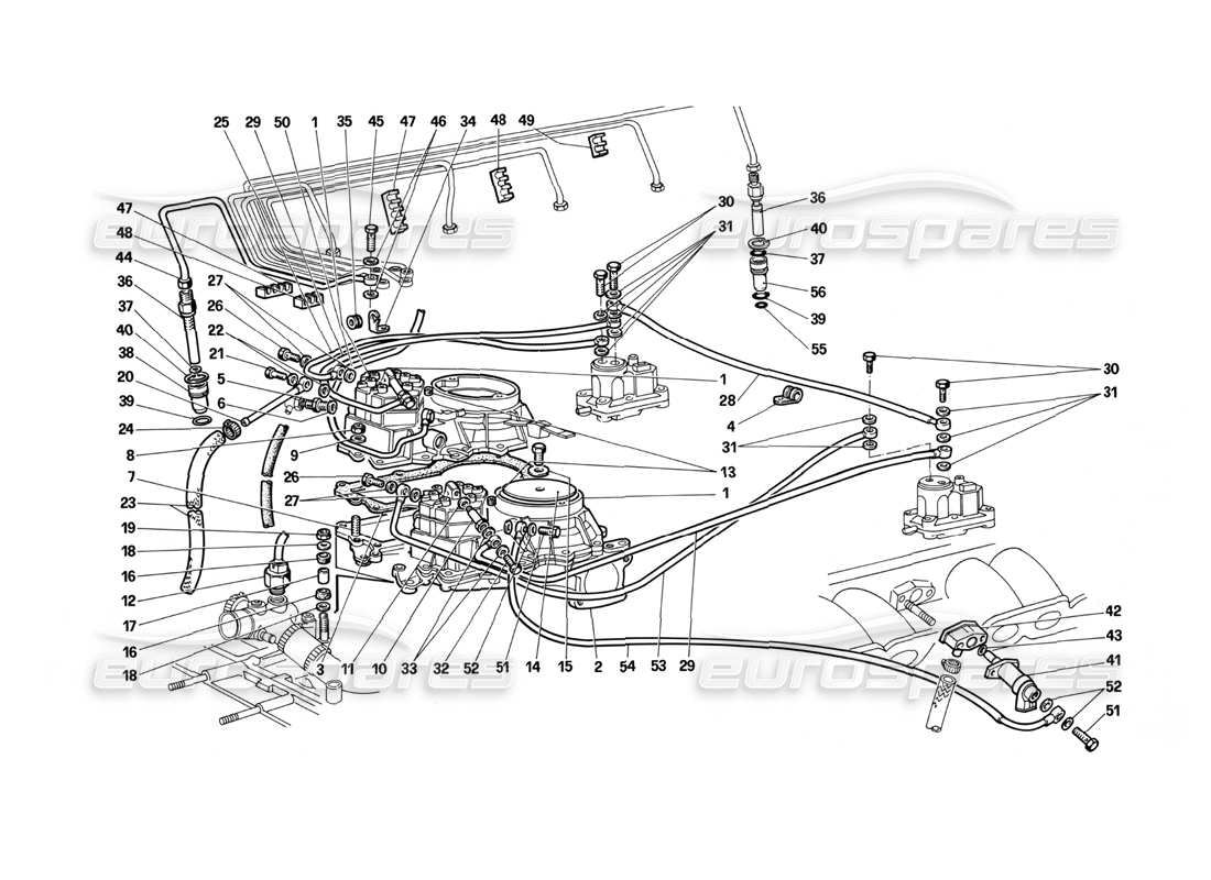 Ferrari Testarossa (1987) Teilediagramm der Kraftstoffverteilerleitungen (K-Jetronic-System).