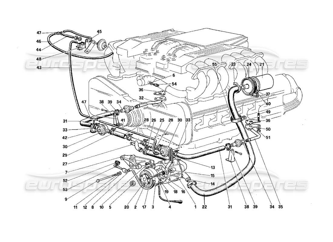 Ferrari Testarossa (1987) Teilediagramm für Sekundärluftpumpe und Leitungen (für US-Version).