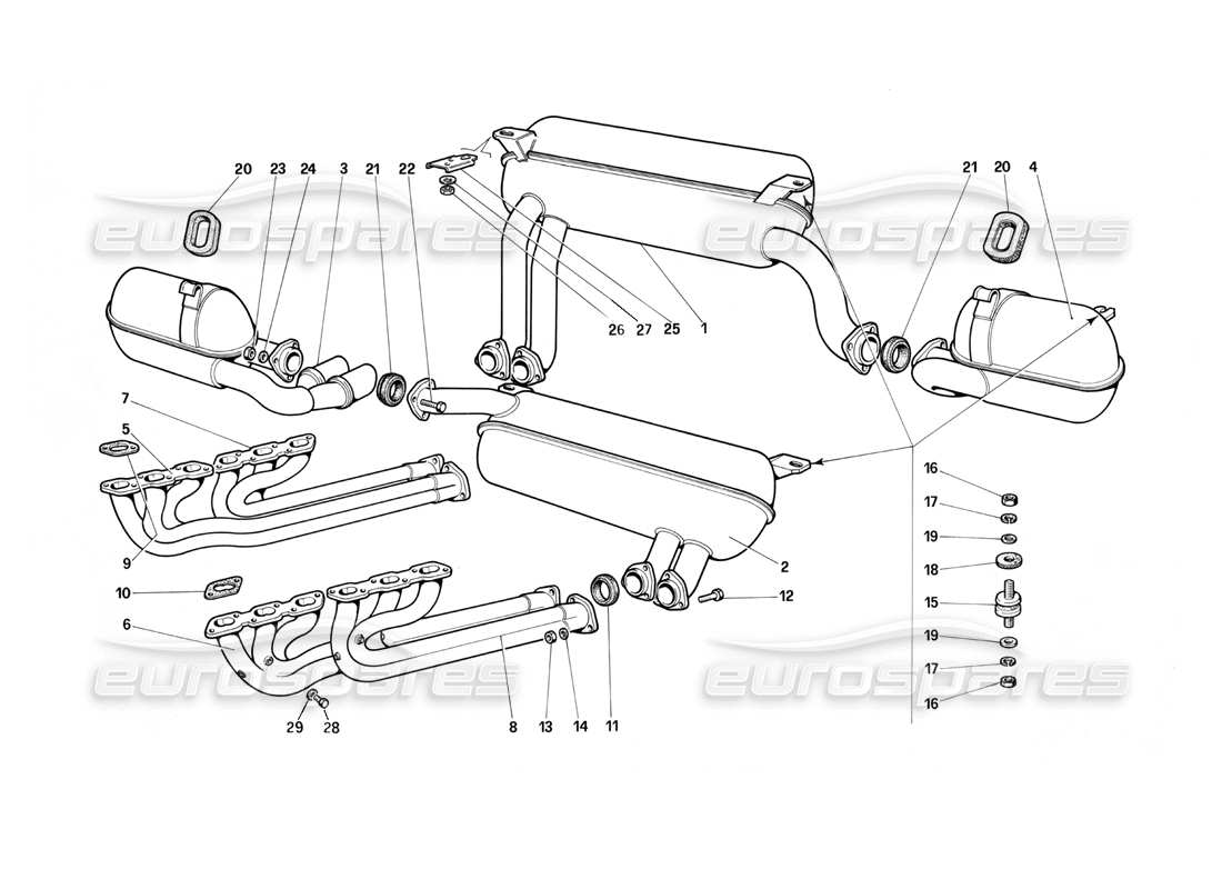 Ferrari Testarossa (1987) Teilediagramm der Abgasanlage (nicht für US-SA und CH87).