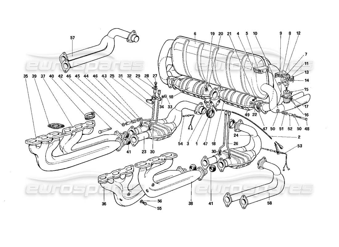 Ferrari Testarossa (1987) Teilediagramm der Abgasanlage (für USA – SA und CH87).