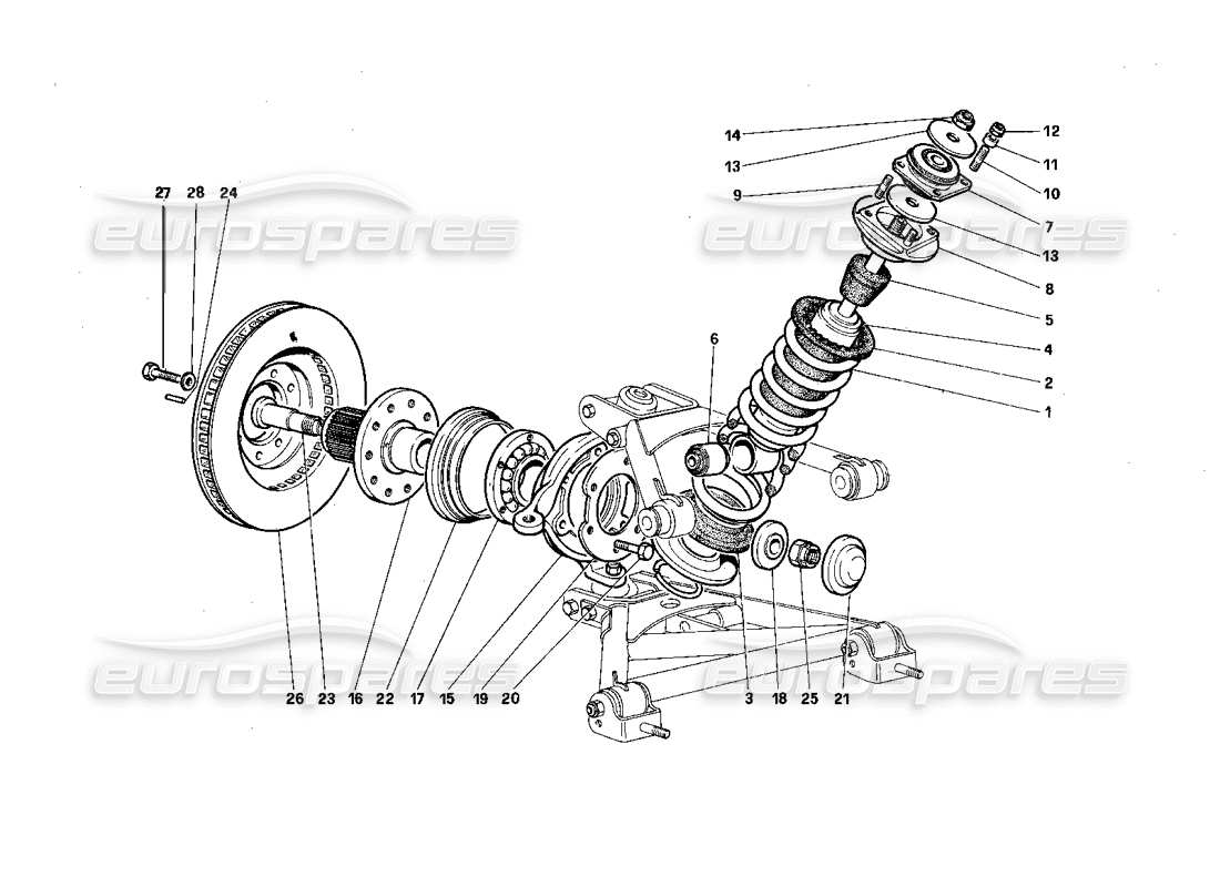 Ferrari Testarossa (1987) Vorderradaufhängung – Stoßdämpfer und Bremsscheibe Teilediagramm