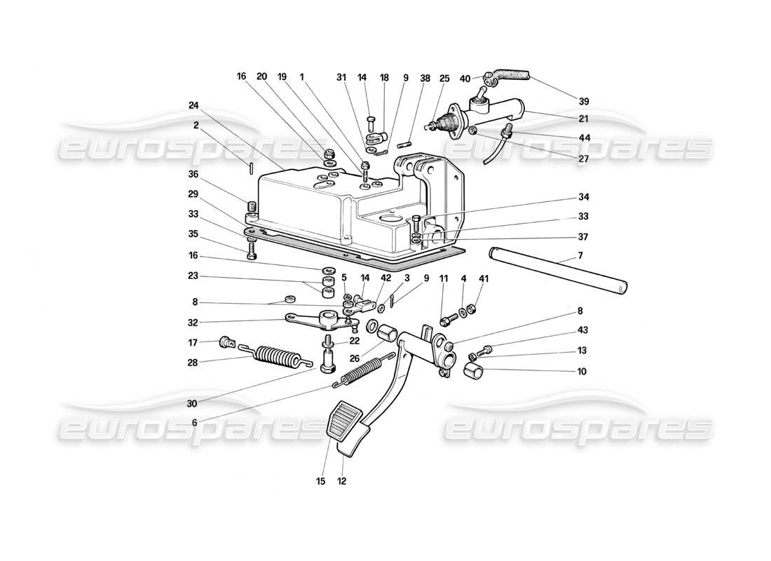 Ferrari Testarossa (1987) Kupplungsausrücksteuerung (Varianten für RHD-Versionen) Teilediagramm