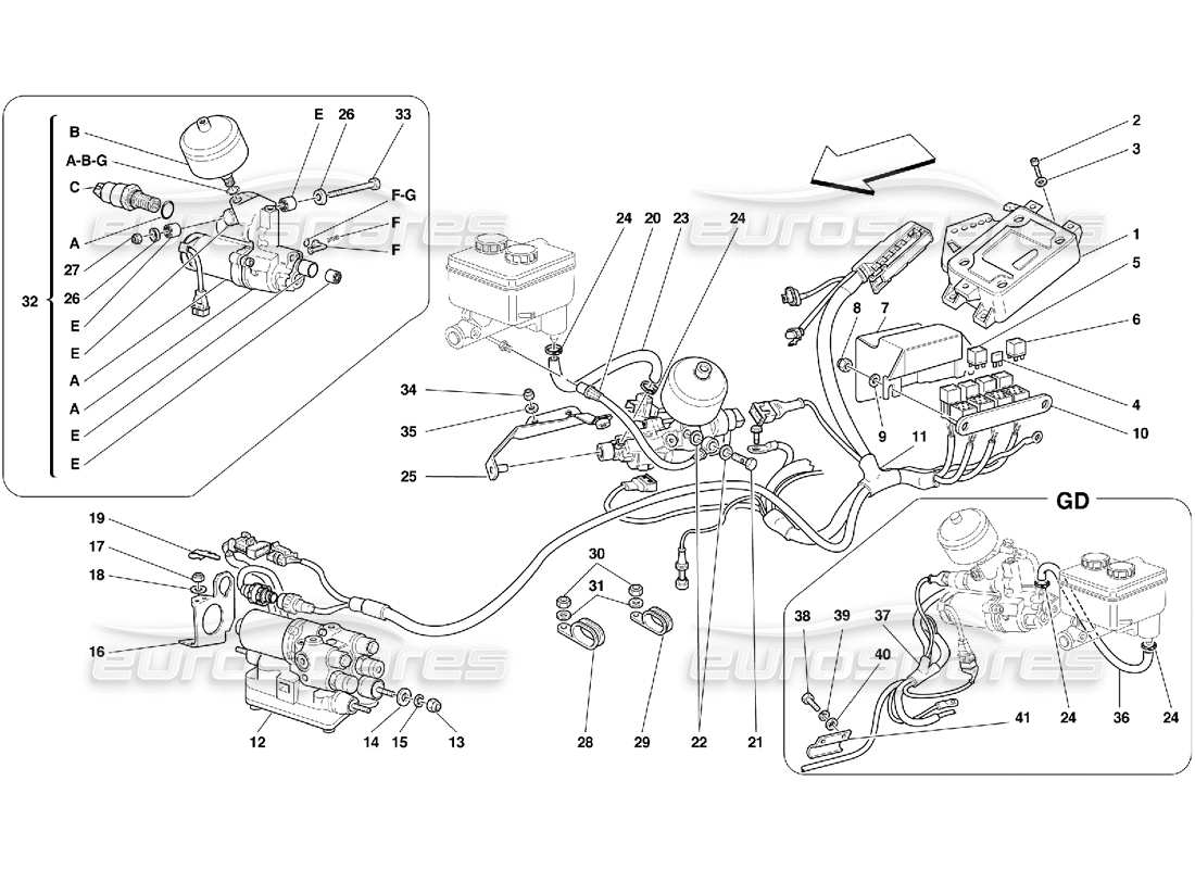Ferrari 456 GT/GTA Steuergerät und hydraulische Ausrüstung für das ABS-System Teilediagramm