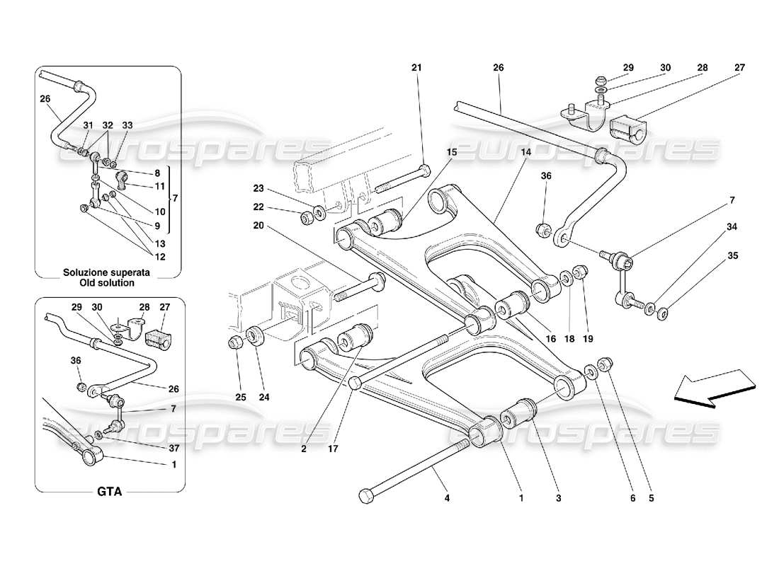 Ferrari 456 GT/GTA Hinterradaufhängung – Querlenker und Stabilisator Teilediagramm