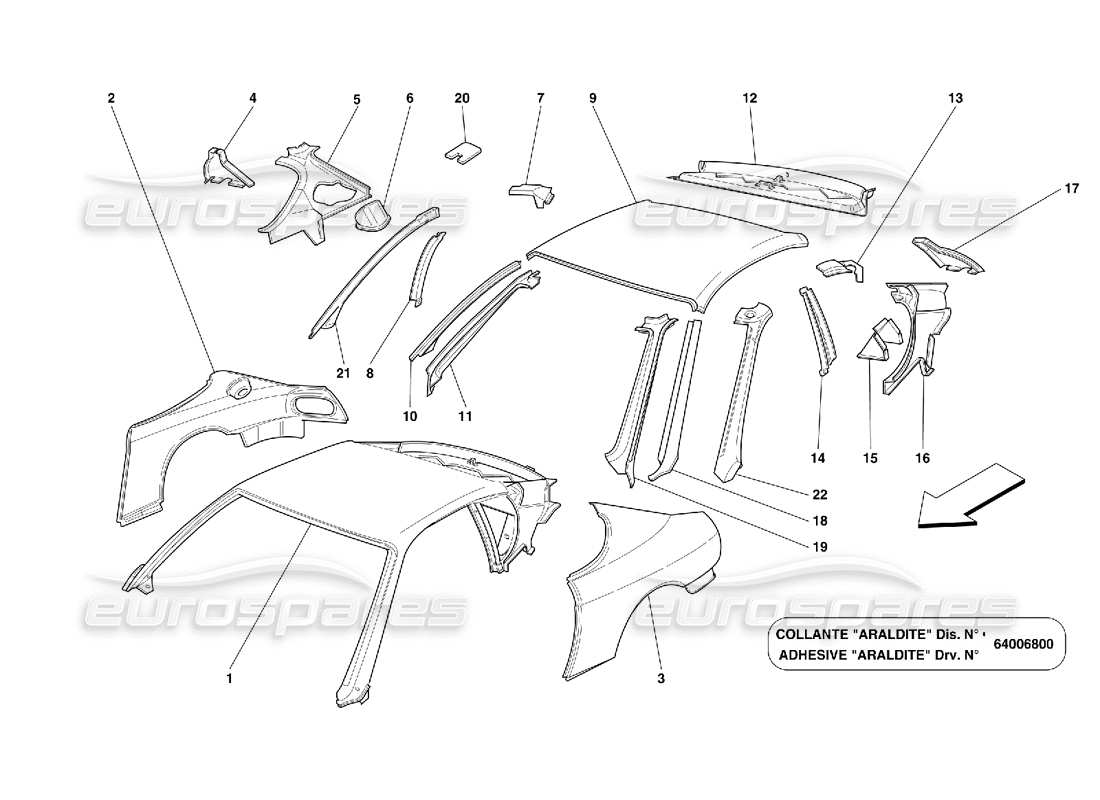 Ferrari 456 GT/GTA Dachpaneelstrukturen und -komponenten Teilediagramm