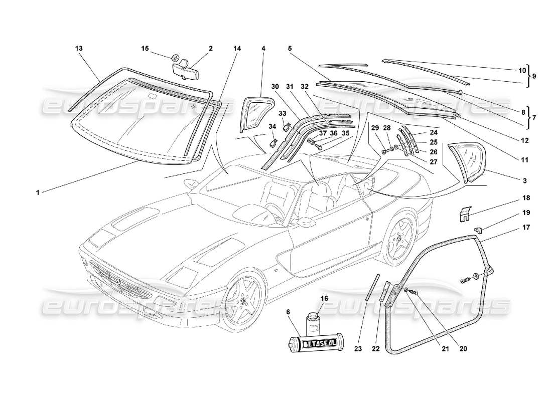 Ferrari 456 GT/GTA Gläser und Dichtung Teilediagramm