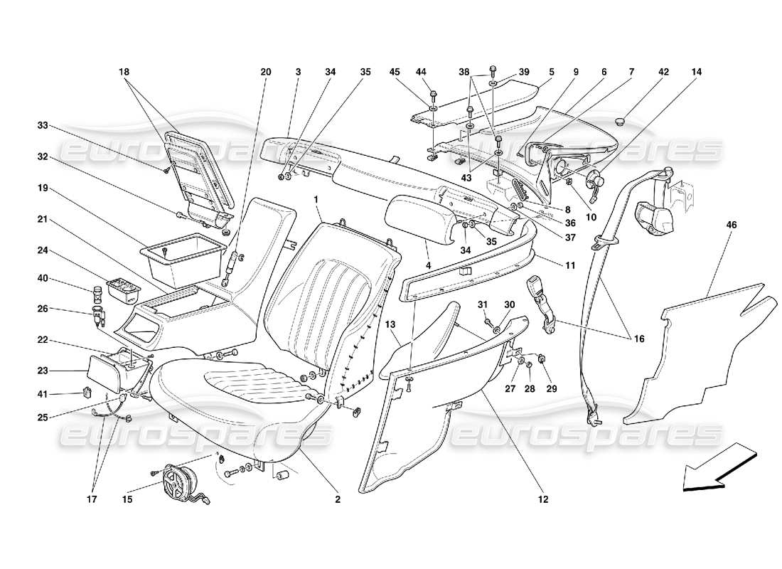Ferrari 456 GT/GTA Rücksitze und Sicherheitsgurte Teilediagramm