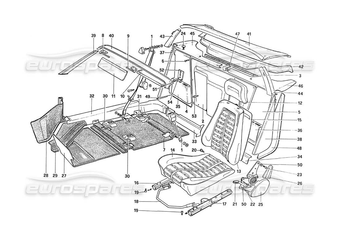 Ferrari 288 GTO Innenausstattung – Zubehör und Sitze Teilediagramm