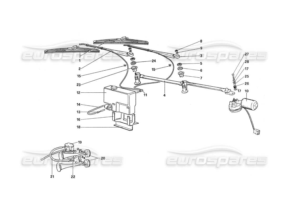 Ferrari 288 GTO Scheibenwischer, Scheibe und Hupe Teilediagramm