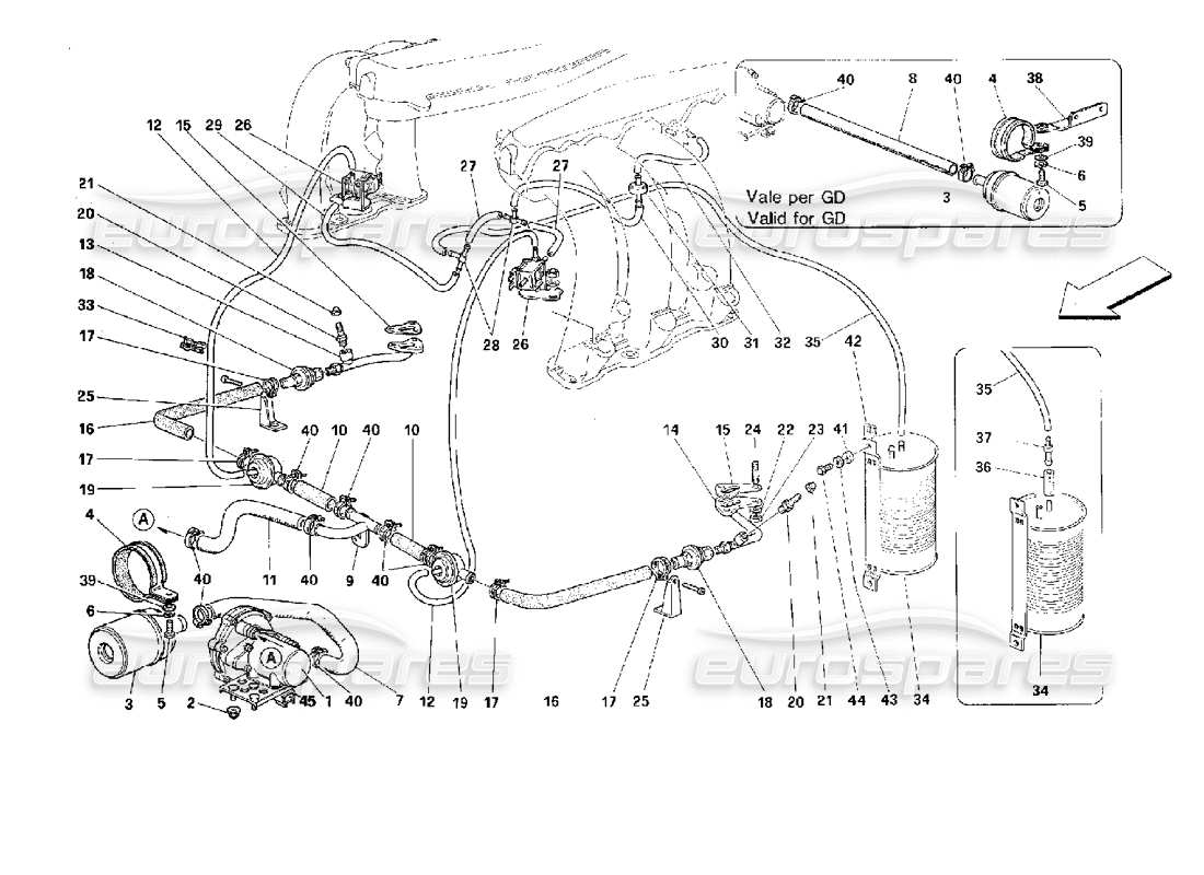 Ferrari 512 TR Sekundärluftpumpe und Leitungen Teilediagramm