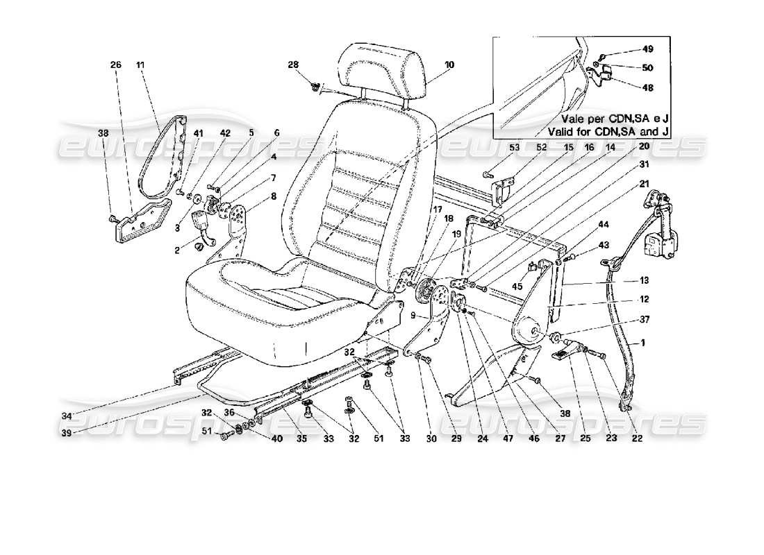 Ferrari 512 TR Sitze und Sicherheitsgurte – nicht für die USA – Teilediagramm