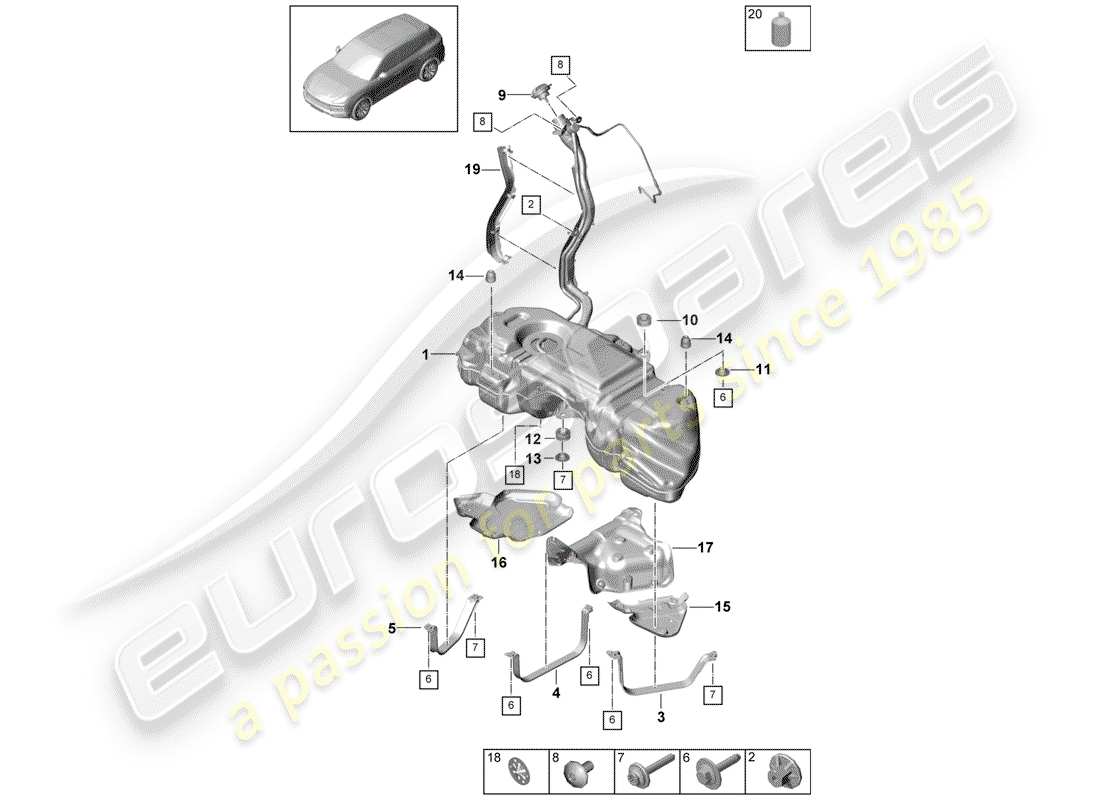 Porsche Cayenne E3 (2018) Kraftstofftank mit Teilediagramm
