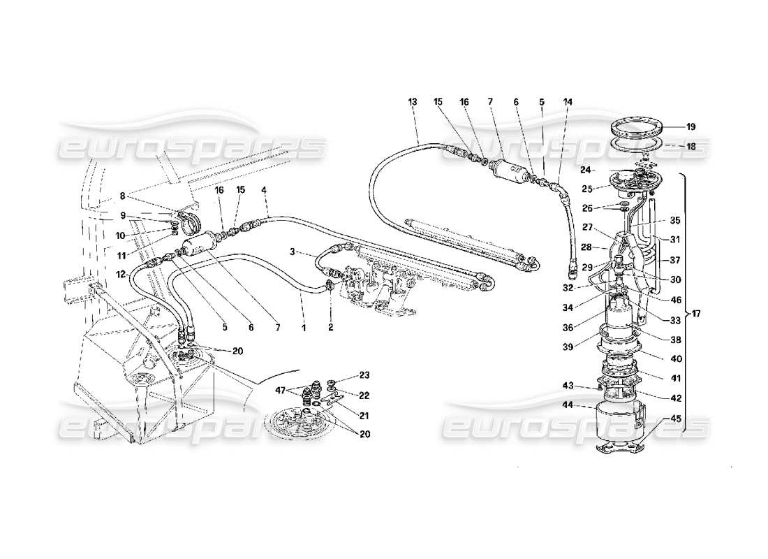 Ferrari F40 Pumpe und Kraftstoffleitungen – gültig für die USA – Teilediagramm