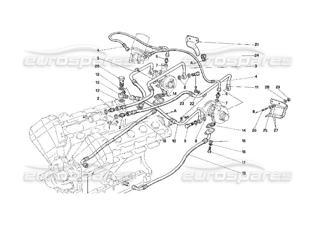 Ferrari F40 Überversorgungssystem mit Schmierung und Kühlung – gültig für Fahrzeuge mit Katalysator – Teilediagramm