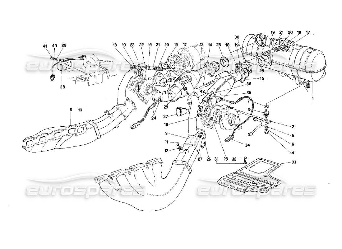 Ferrari F40 Abgasanlage – gültig für Fahrzeuge mit Katalysator – Teilediagramm