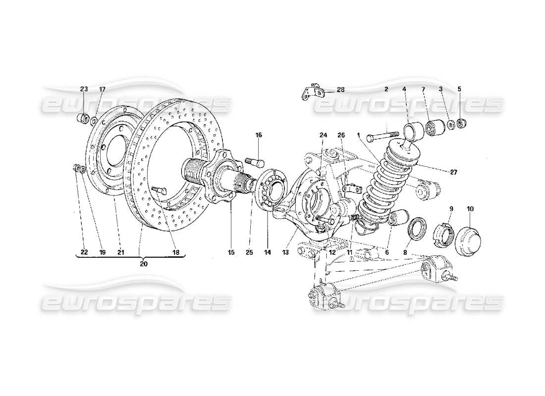 Ferrari F40 Vorderradaufhängung – Stoßdämpfer und Bremsscheibe Teildiagramm