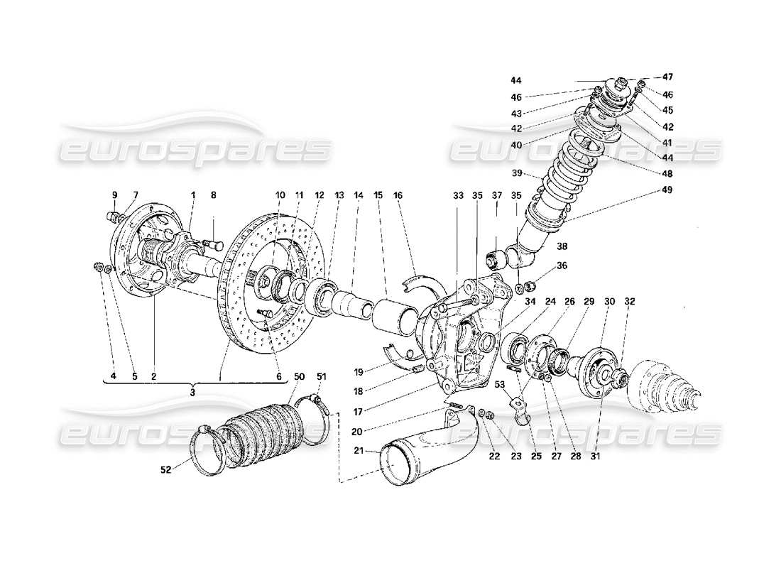 Ferrari F40 Hinterradaufhängung – Stoßdämpfer und Bremsscheibe Teildiagramm