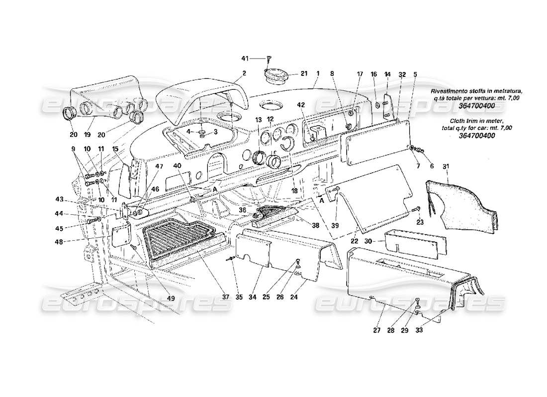 Ferrari F40 Dashboard und Tunnel Teilediagramm
