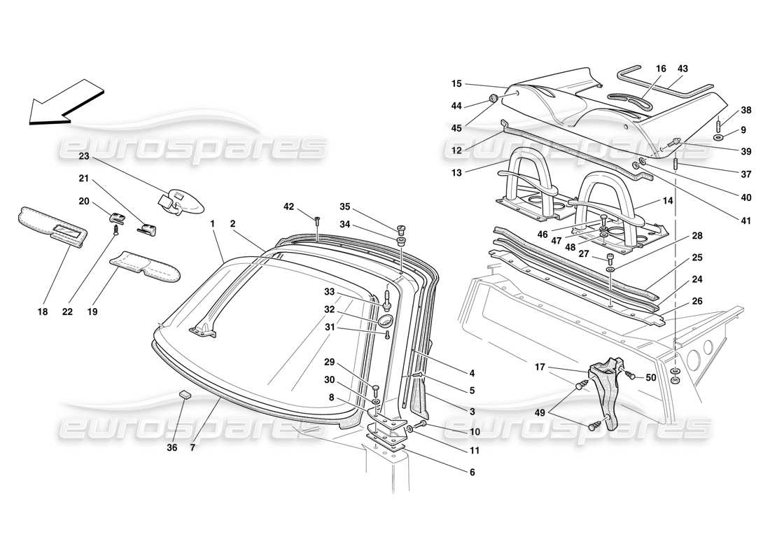 Ferrari F50 Windschutzscheibensäule und sportlicher Überrollbügel Teilediagramm