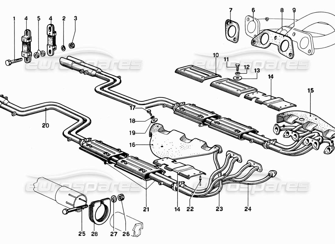 Ferrari 365 GT 2+2 (Mechanisch) Montage der Auspuffrohre Teildiagramm