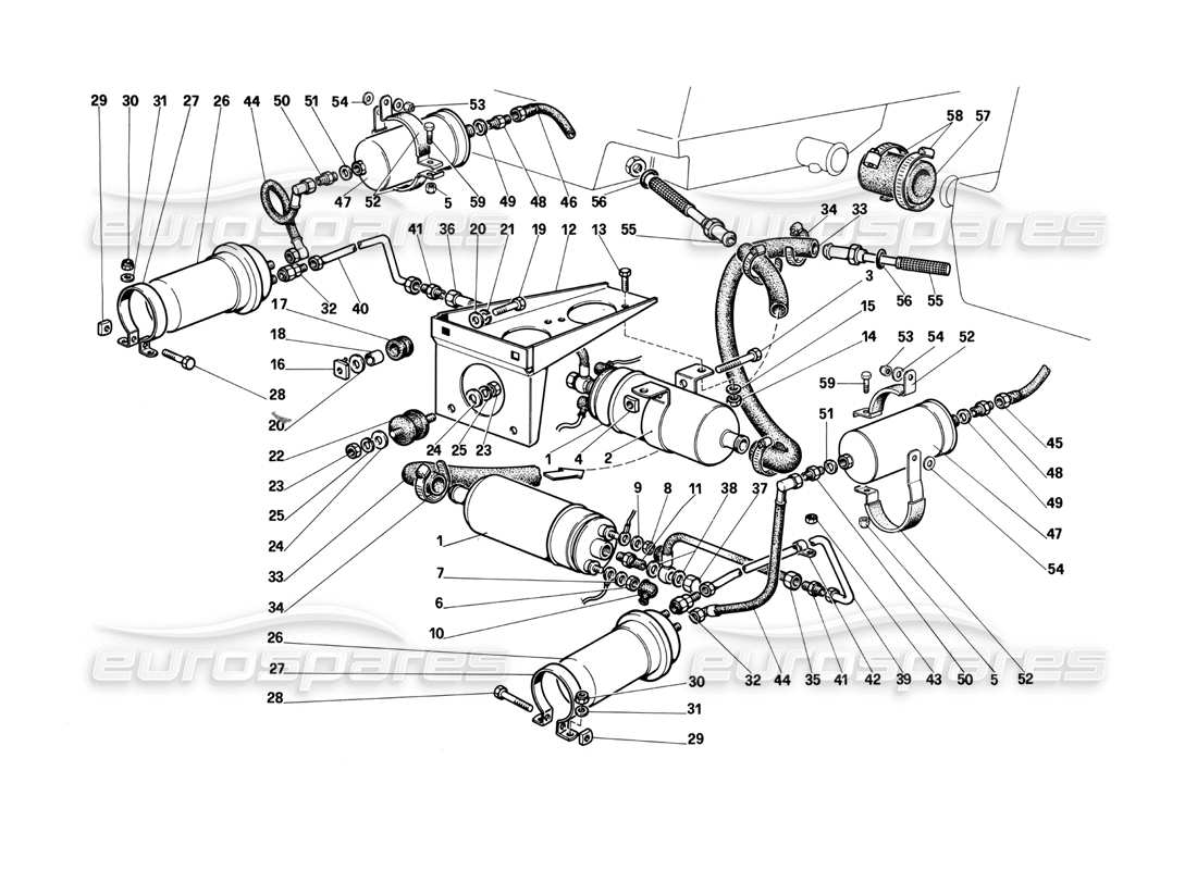 Ferrari Testarossa (1990) Kraftstoffpumpen und -leitungen Teildiagramm