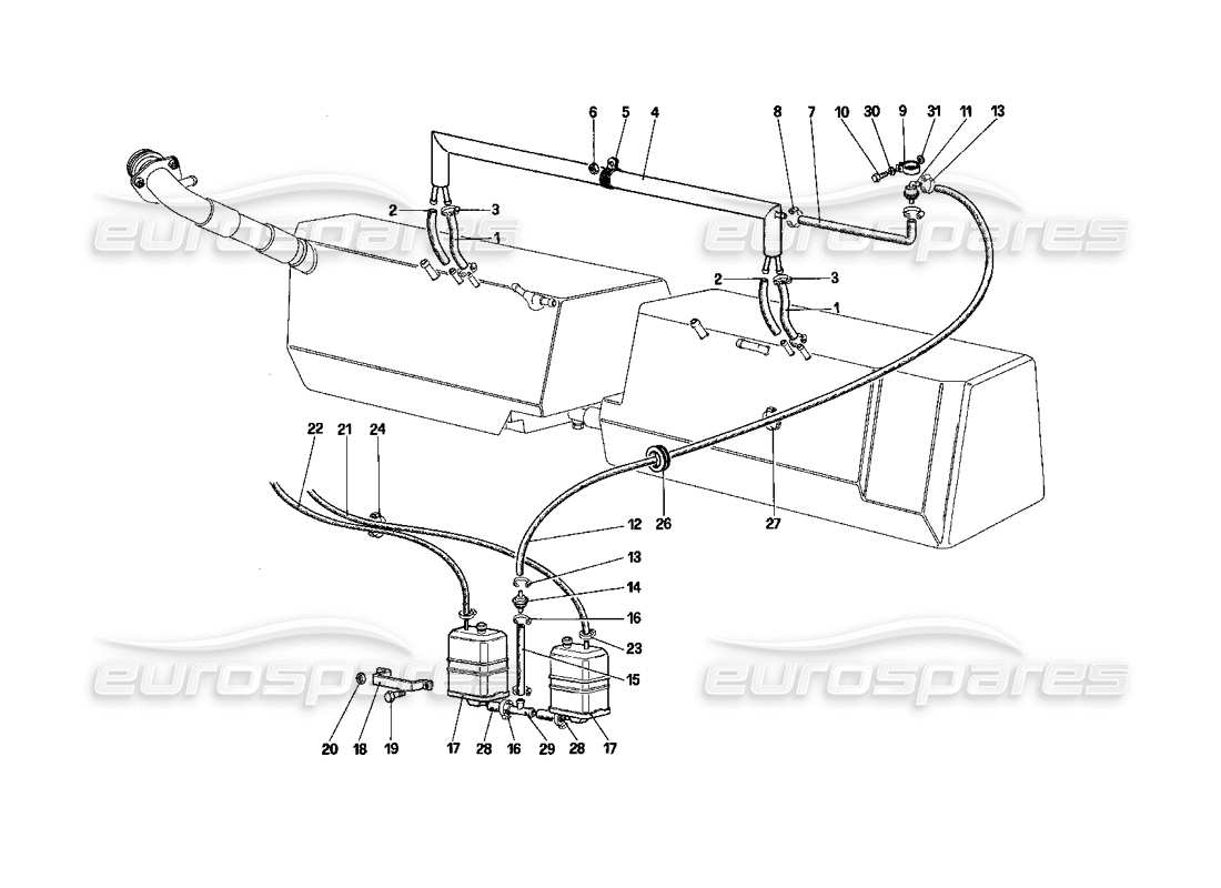 Ferrari Testarossa (1990) Teildiagramm des Anti-Verdunstungs-Emissionskontrollsystems (für USA – SA und CH88).