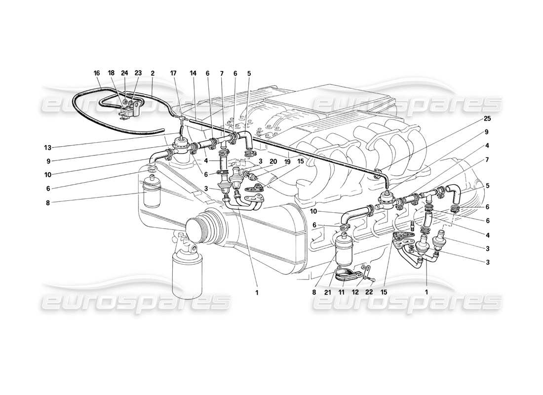 Ferrari Testarossa (1990) Teildiagramm der Lufteinspritzung und Leitungen (für CH87 und Cat).