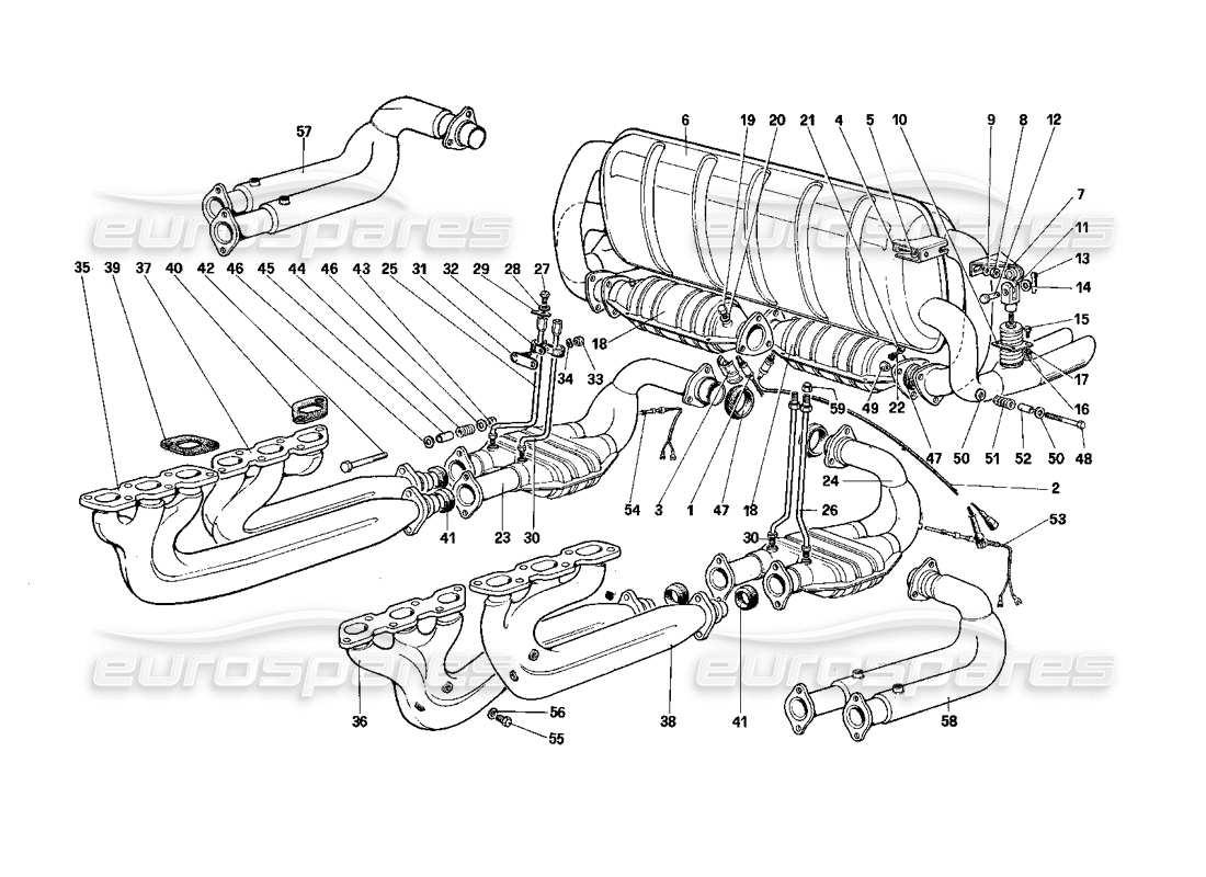 Ferrari Testarossa (1990) Teilediagramm der Abgasanlage (für US-SA- und Cat-Version).