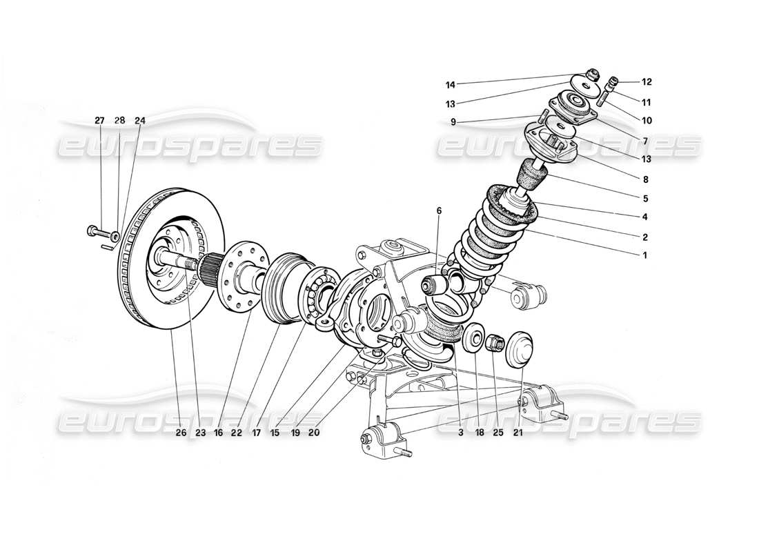Ferrari Testarossa (1990) Vorderradaufhängung – Stoßdämpfer und Bremsscheibe (bis Fahrzeugnummer 75995), Teildiagramm