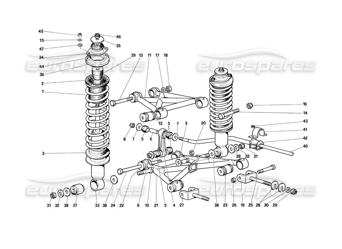 Ferrari Testarossa (1990) Hinterradaufhängung – Querlenker und Stoßdämpfer (bis Fahrzeug Nr. 75995), Teildiagramm